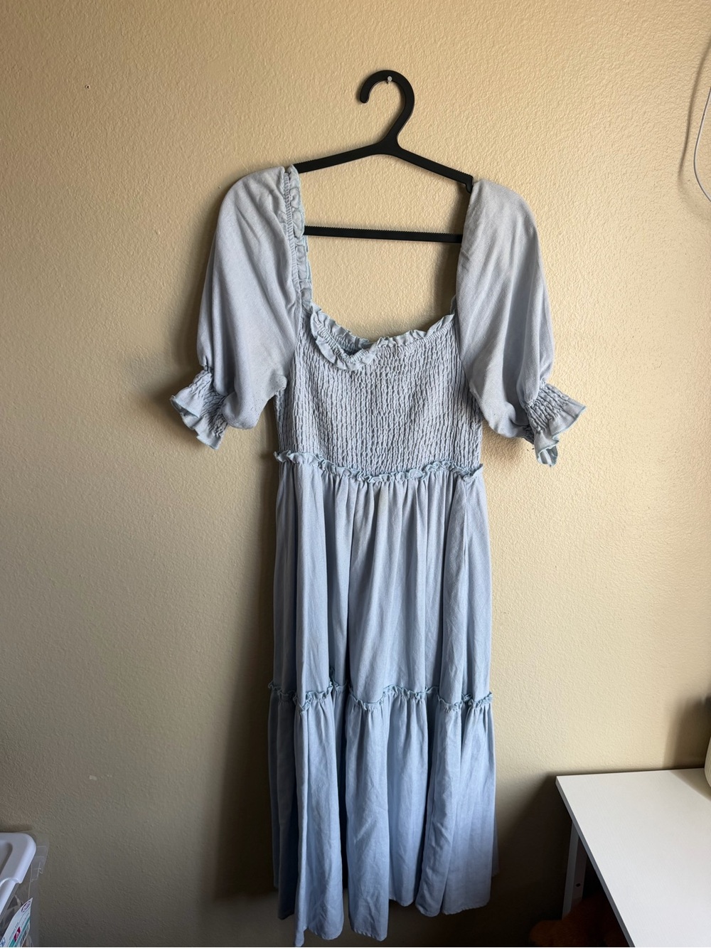 Francesca’s Light Blue Smocked Midi with Puff Sleeves
